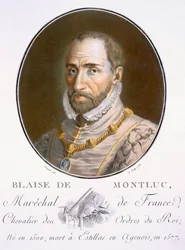 Blaise de Montluc, de Retratos dos Grandes Homens, Mulheres Ilustres e Assuntos Memoráveis da França, Graves e Impressos em Cores, publicado por Pierre Blin, 1786-92, Paris (gravura colorida)